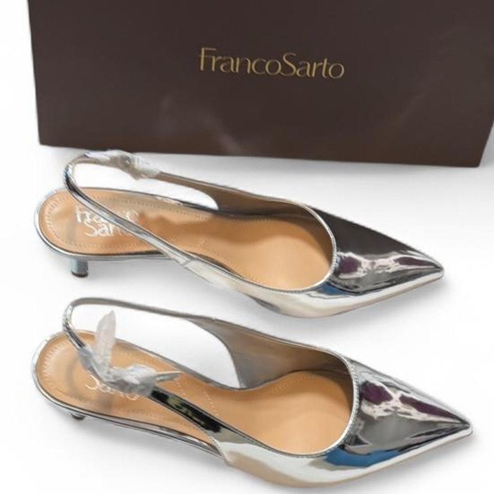 Franco Sarto Silver Metallic Slingback Kitten Heel Pumps, Women's Size 9